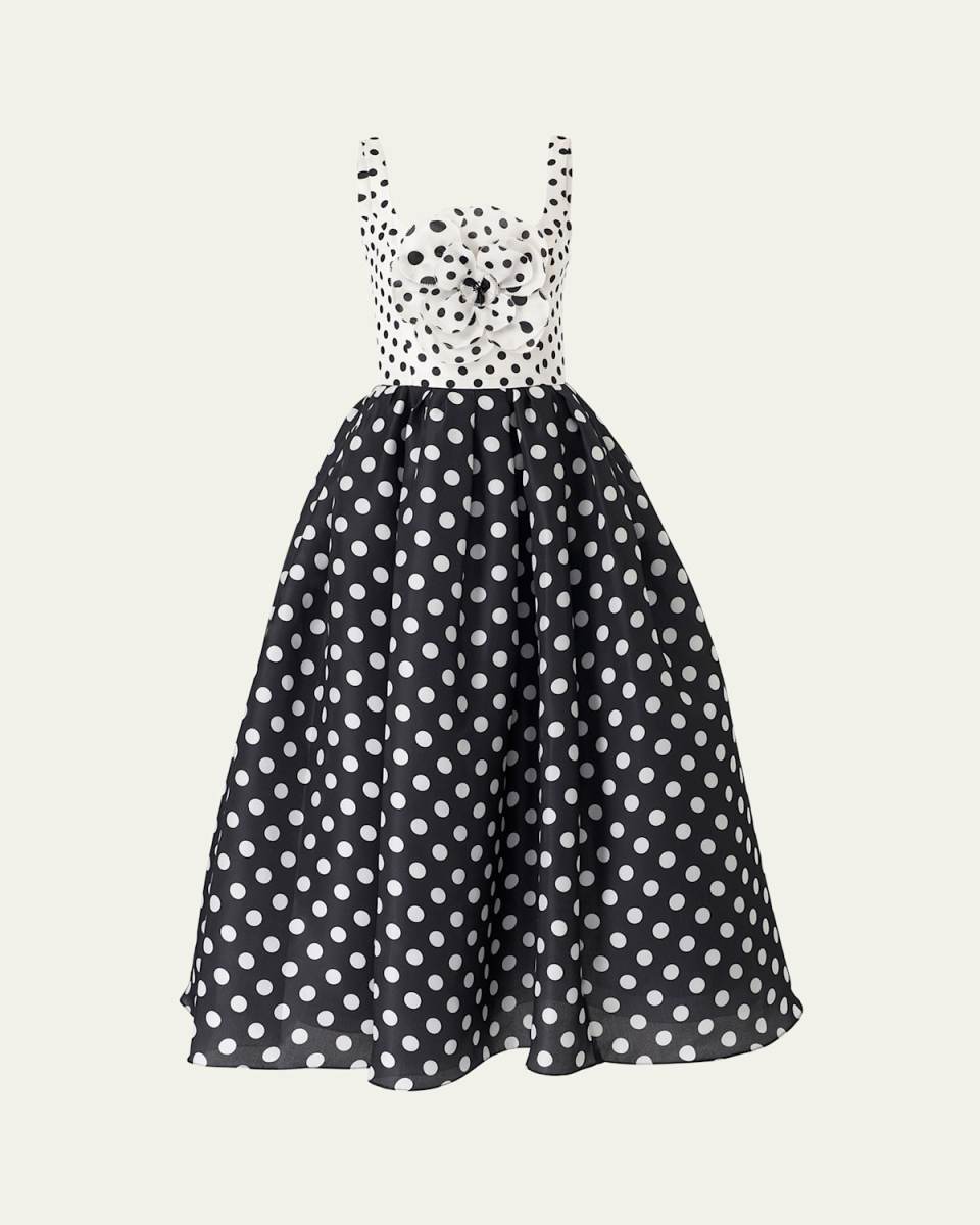 Polka-Dot Flower Sleeveless Tea-Length Dress